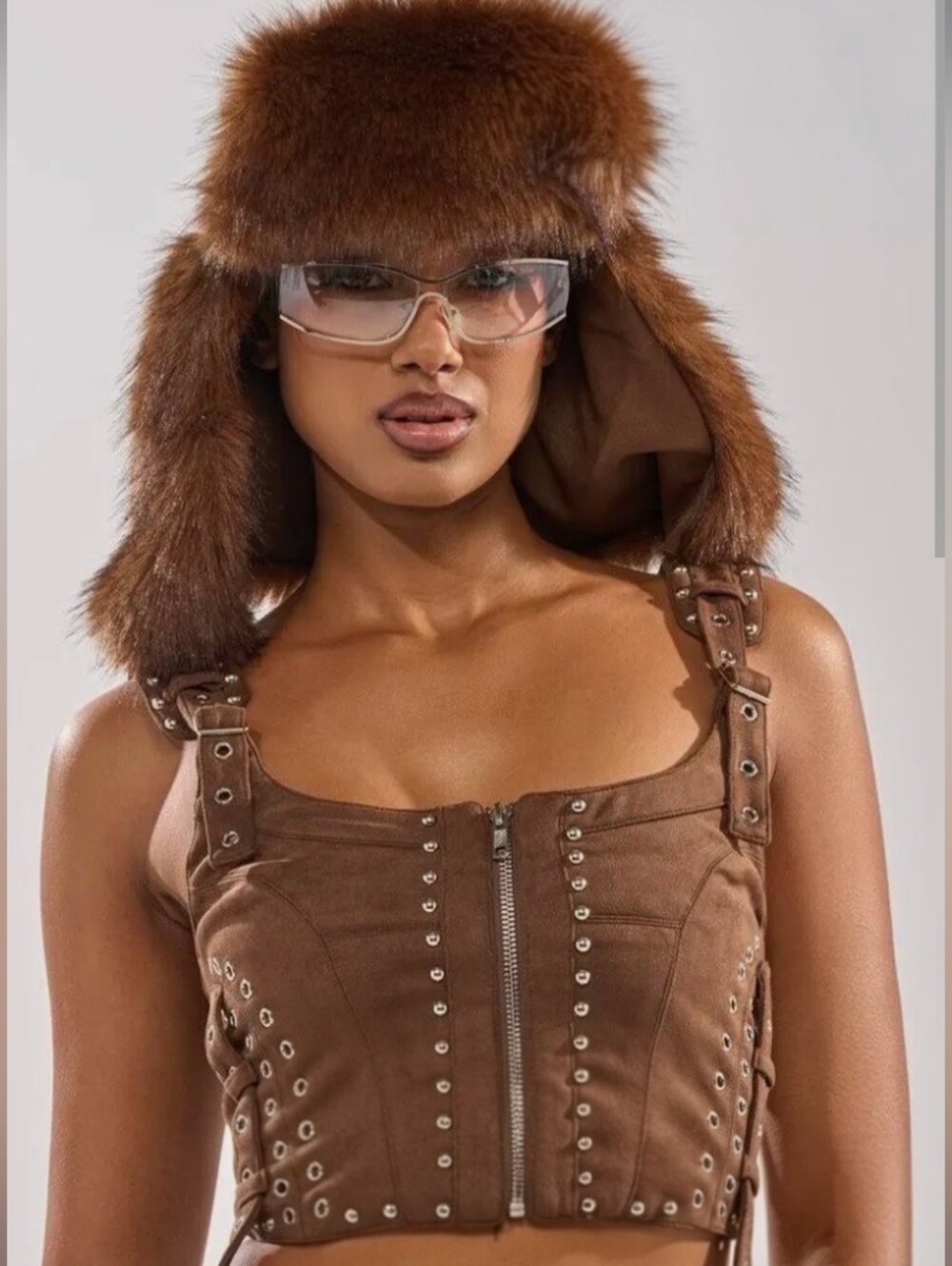 AKIRA Brown Faux Fur Trapster Hoodie